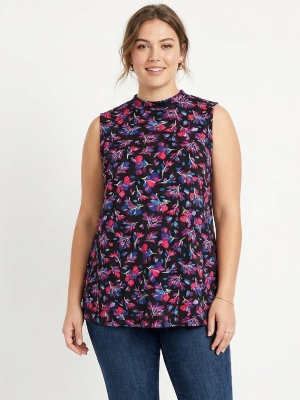 Woman Within 22/24 1X Floral Sleeveless Top Black Pink Blue Purple
